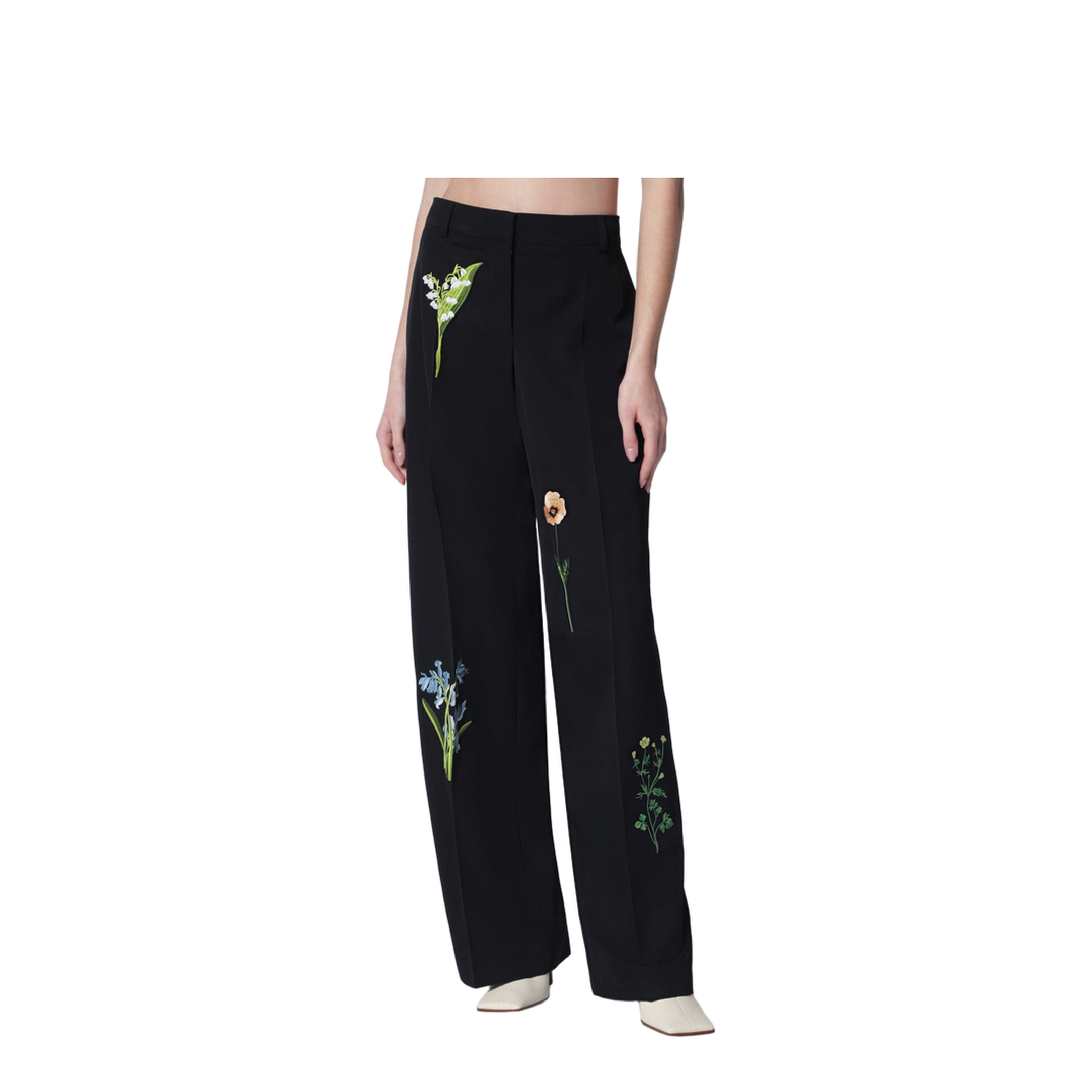 Black Wool Trousers with Floral Embroidery - Image 1
