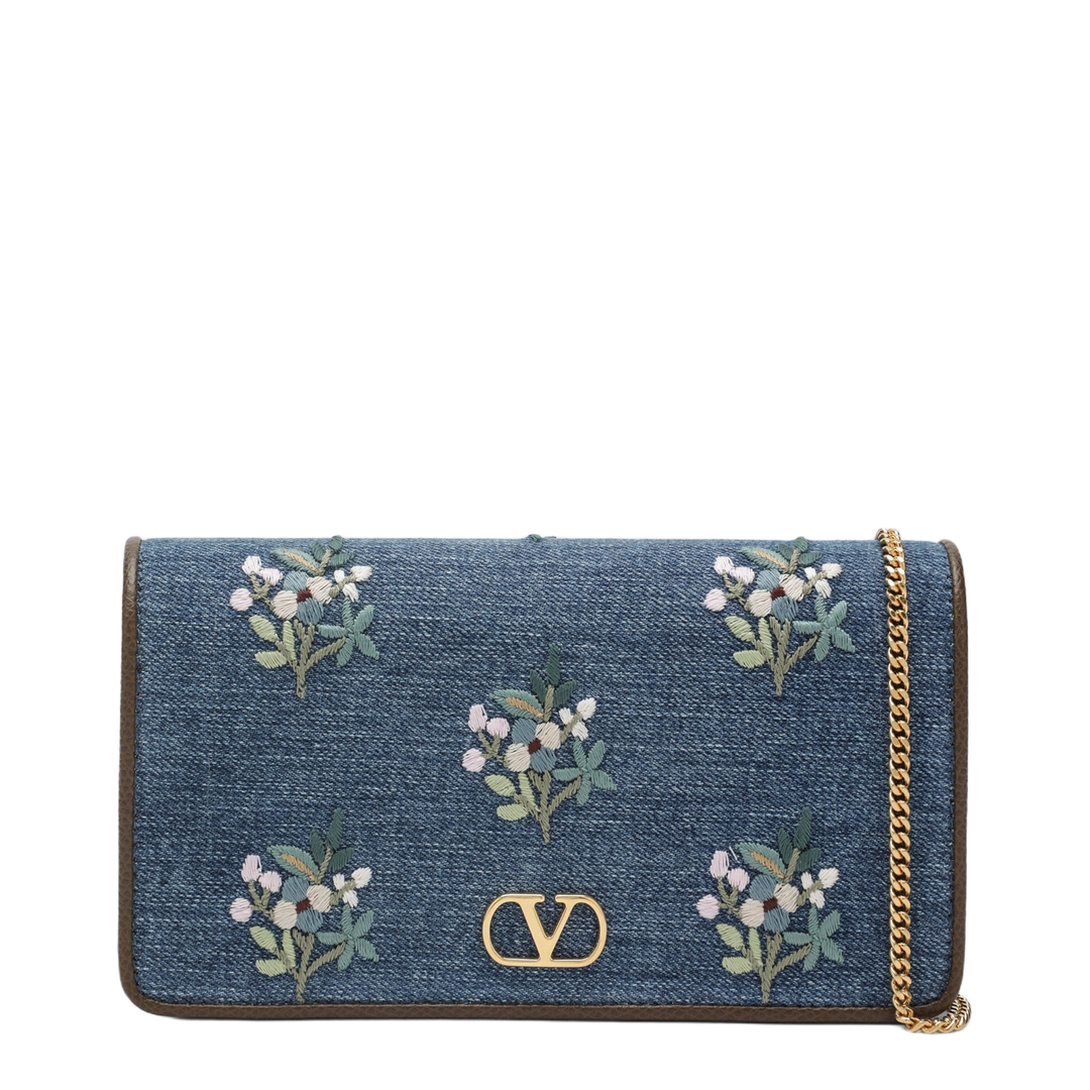 VLogo Signature Mini Crossbody Bag in Denim with Floral Embroidery - Image 1