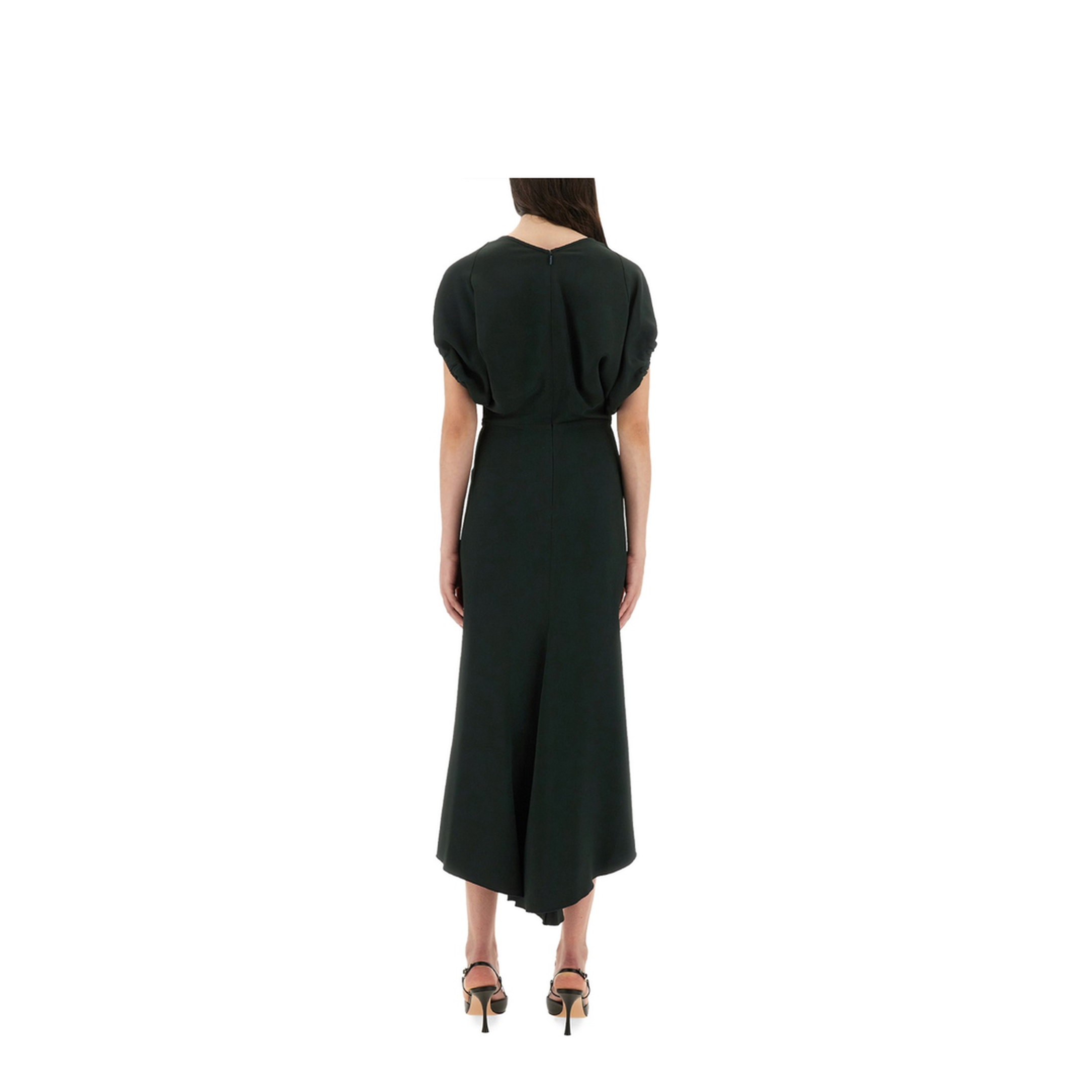 V-Neck Blouson Midi Dress in Black - Image 3