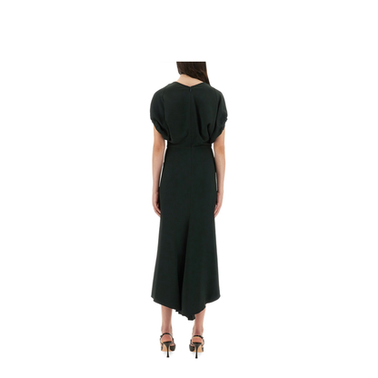 V-Neck Blouson Midi Dress in Black - Image 3