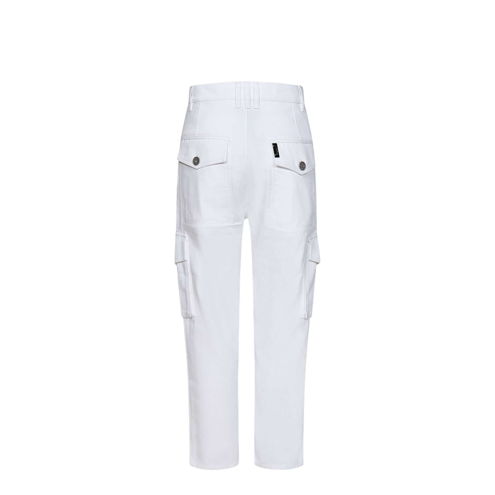 White Cargo Pants Silver Logo Plate - Image 2