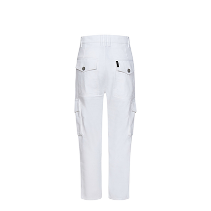 White Cargo Pants Silver Logo Plate - Image 2