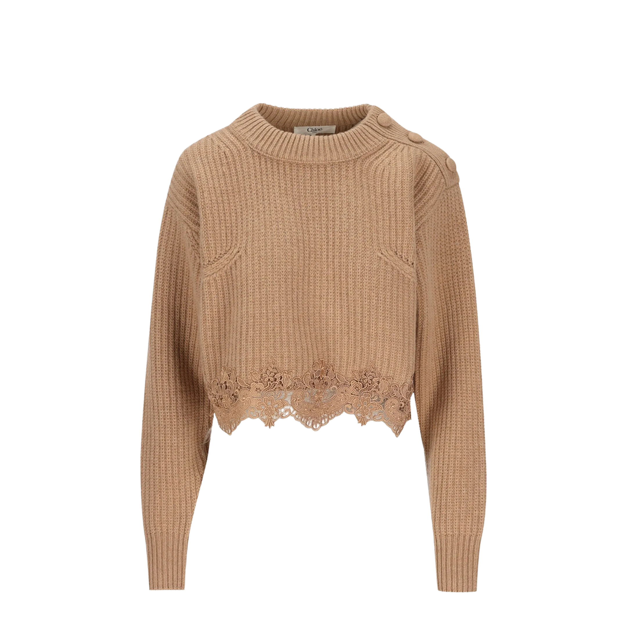 Short Pullover with Turtleneck in Wool and Cashmere with Lace - Image 1