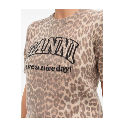 Beige Crew Neck Short Sleeves Leopard Print Ribbed Trim - Image 3