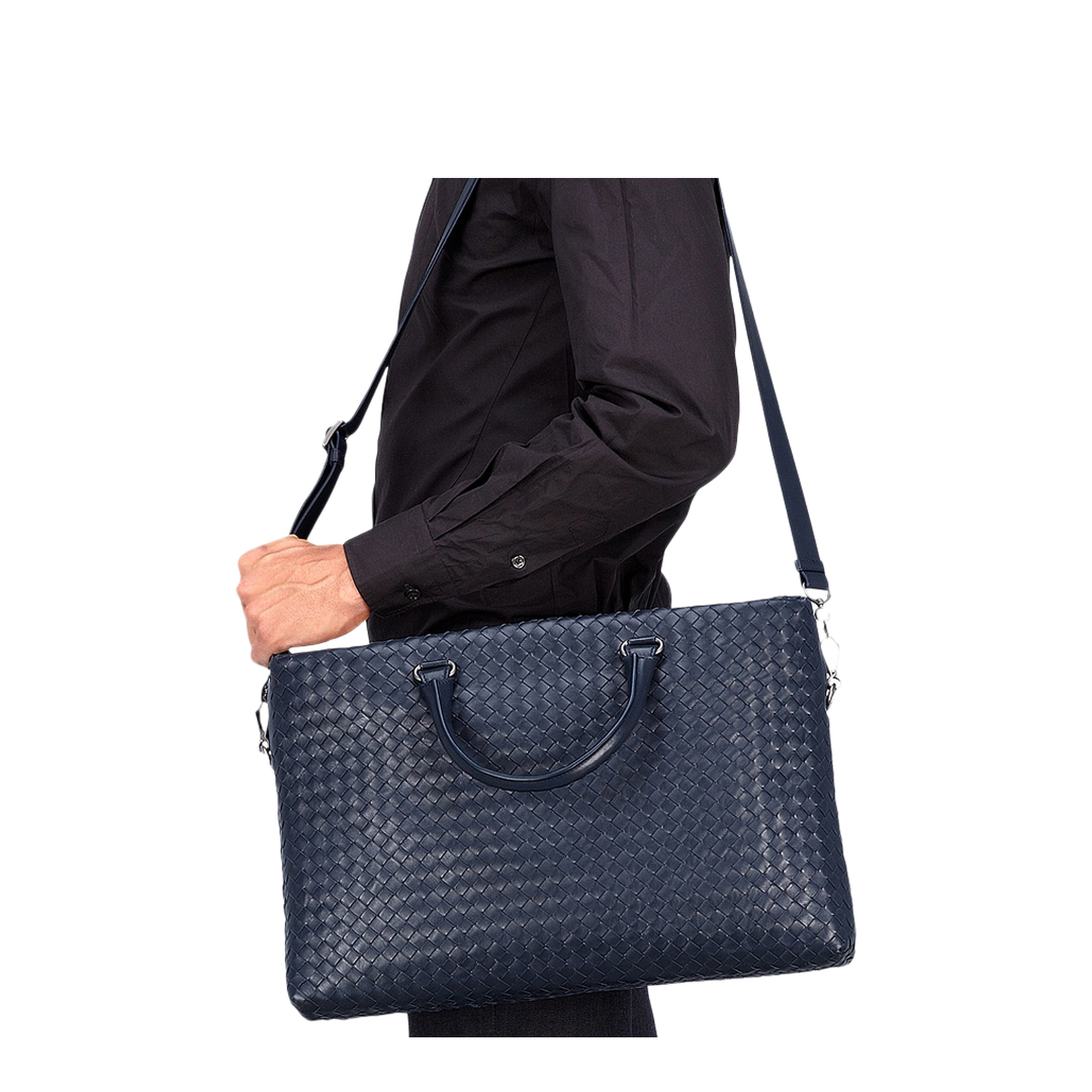 Intrecciato Large Leather Briefcase - Blue - Image 5