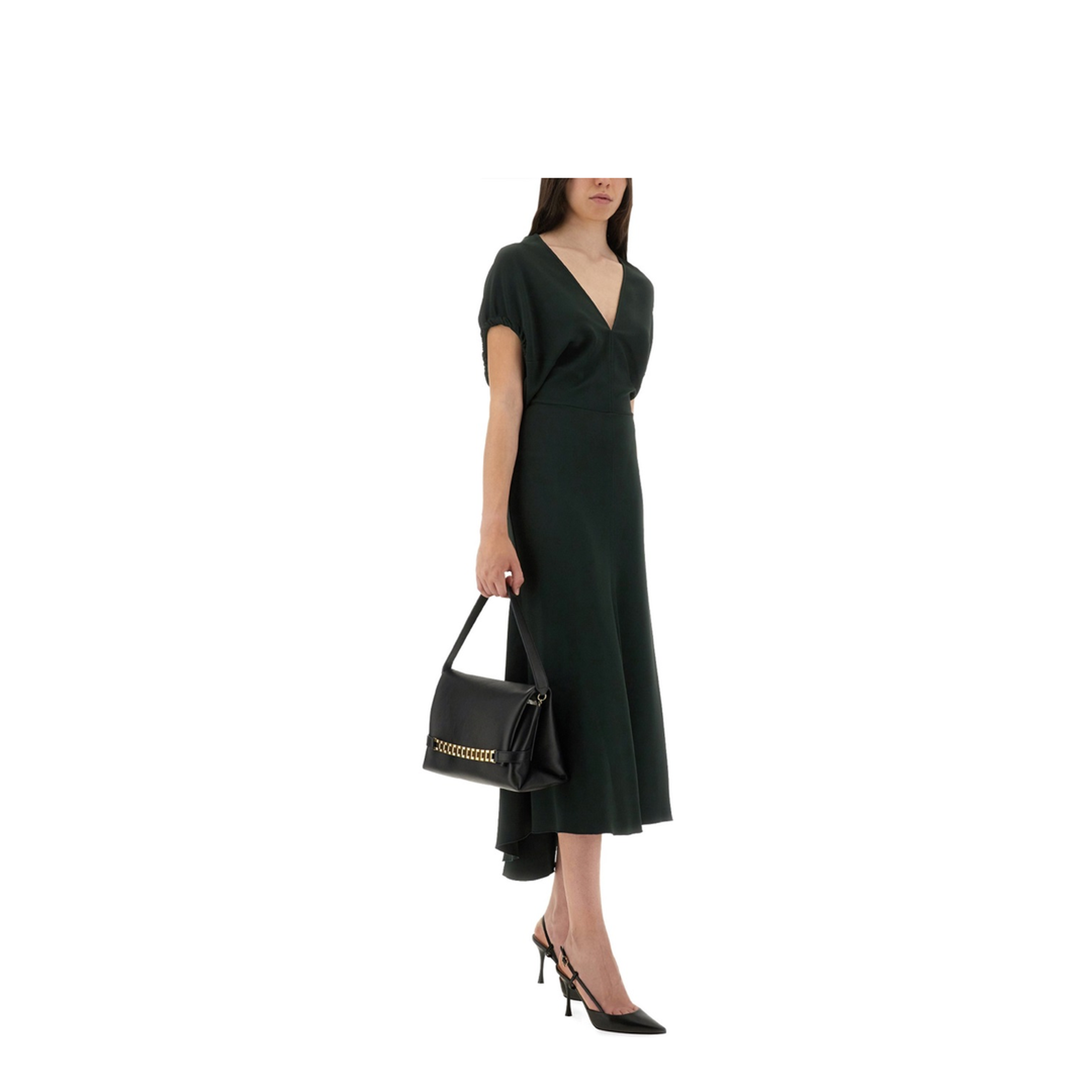 V-Neck Blouson Midi Dress in Black - Image 2