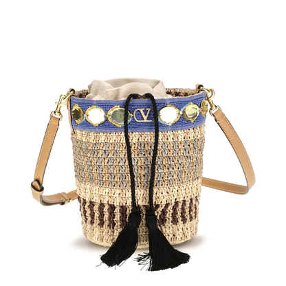 VLogo Braided Straw and Leather Bucket Bag - Natural/Blue - Image 1