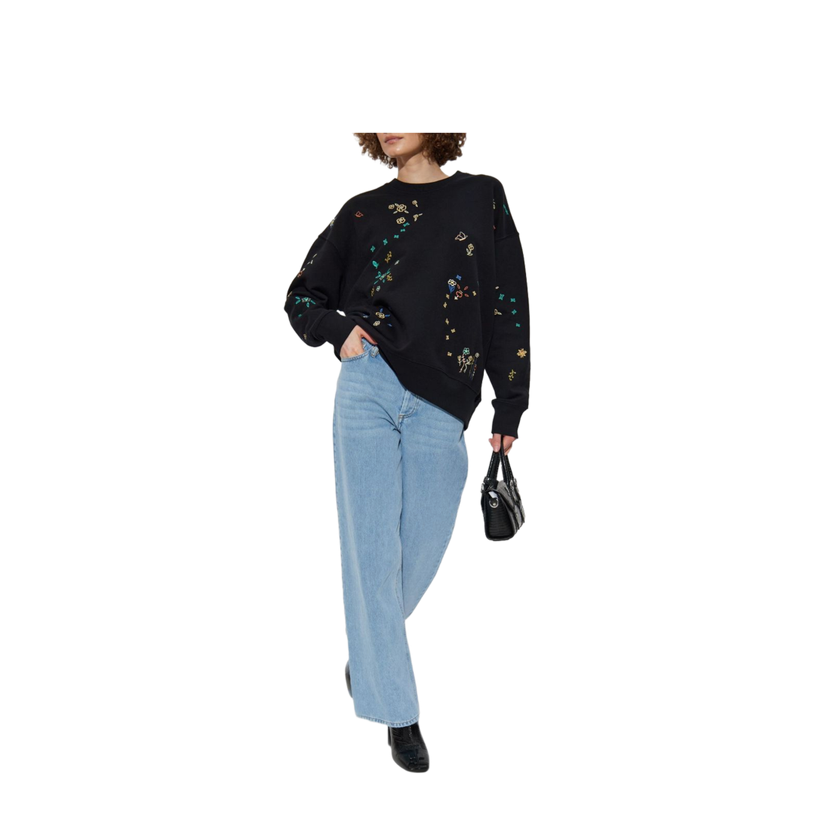 Black Multicoloured Floral Embroidery Crew Neck Long Sleeves Ribbed Cuffs and Hem Relaxed Fit - Image 2