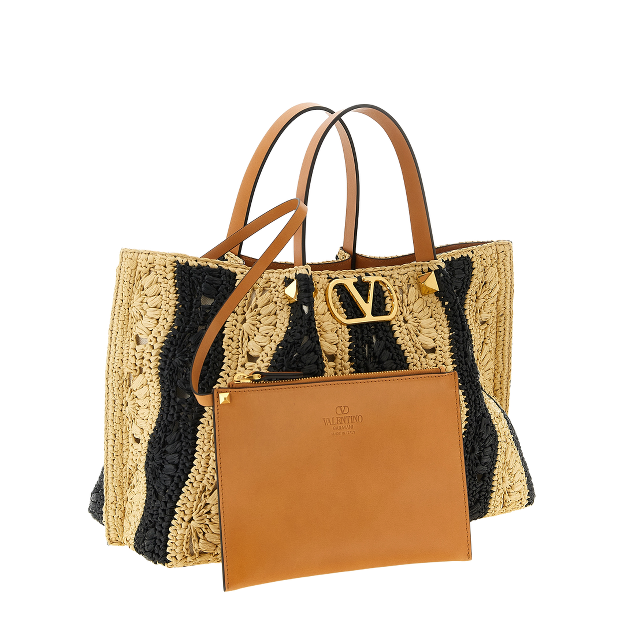 VLogo Signature Medium Synthetic Raffia Shopping Bag - Natural/Black - Image 1