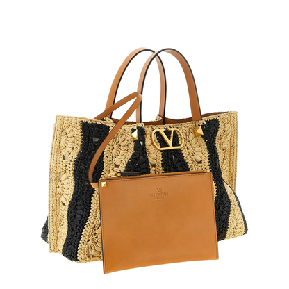 VLogo Signature Medium Synthetic Raffia Shopping Bag - Natural/Black - Image 1