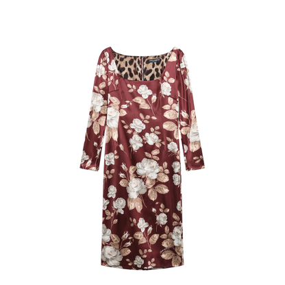 Burgundy Satin Dress with Floral Print - Image 1