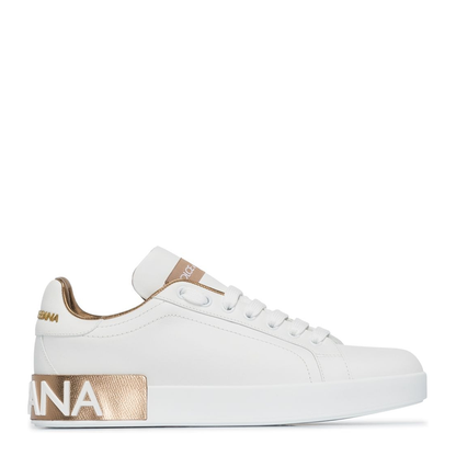White Calfskin Low-Top Sneakers with Gold Details - Image 1