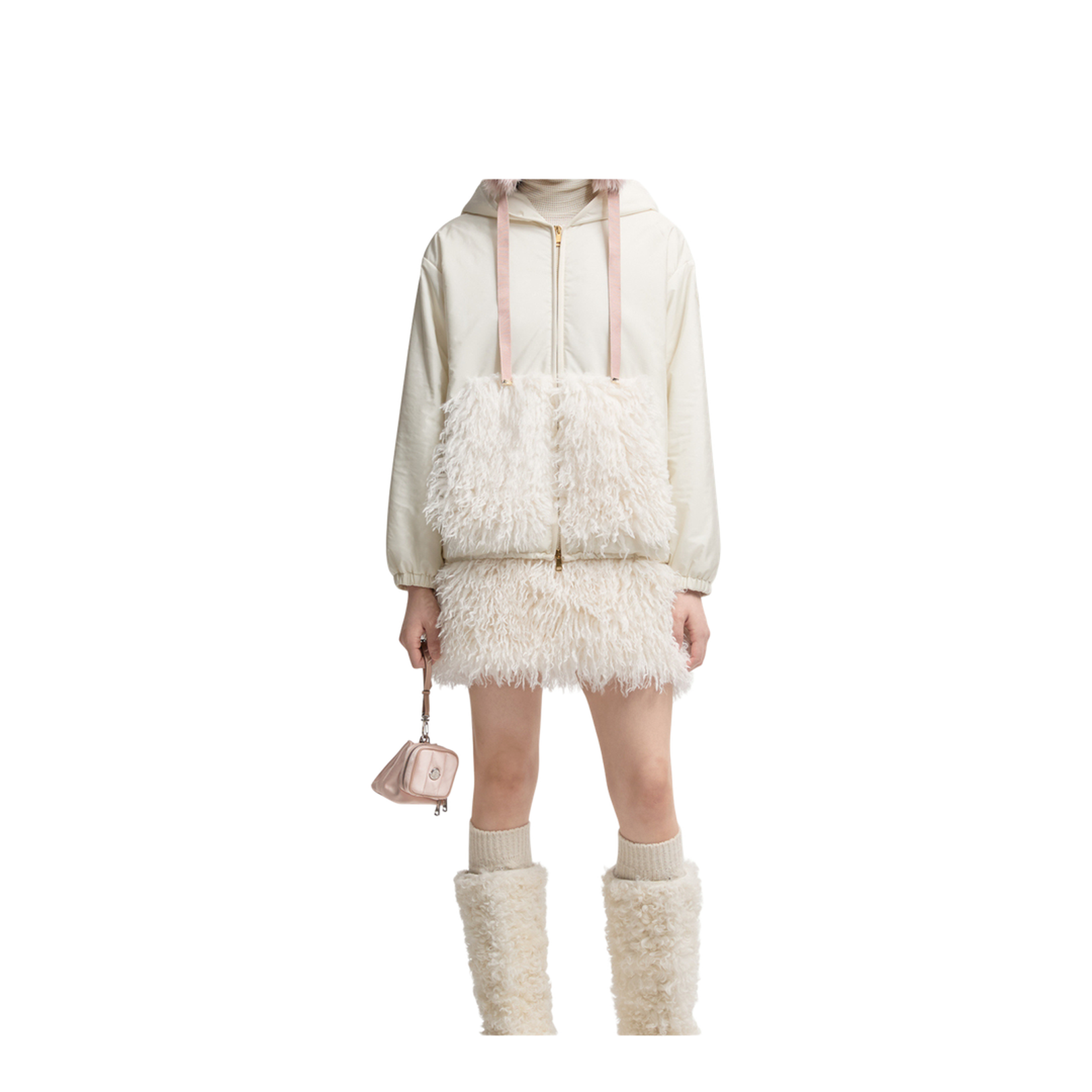 White Teddy-Trimmed Padded Zip-Up Hoodie - Image 5