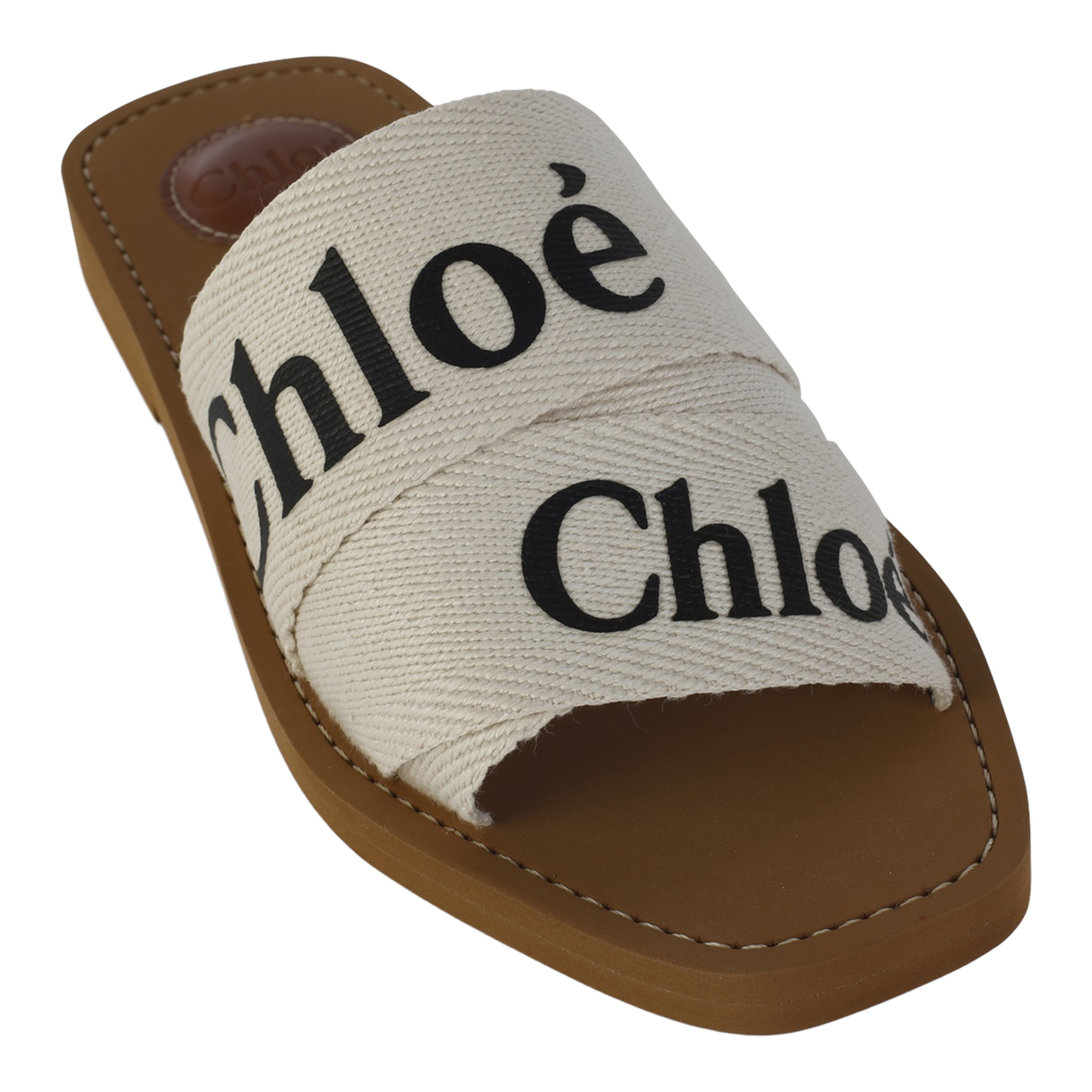 White Linen All-Over Logo Print Low Stacked Heel - Image 4