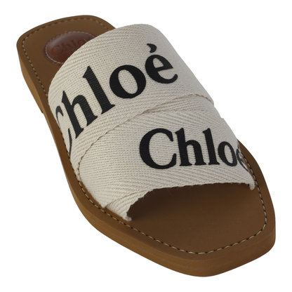White Linen All-Over Logo Print Low Stacked Heel - Image 4
