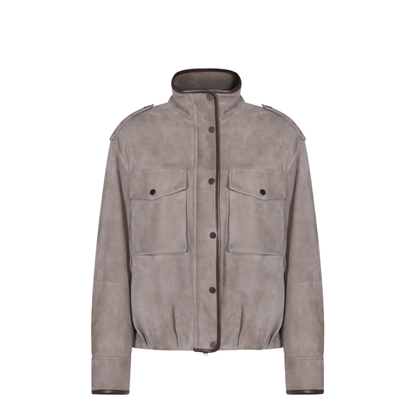 Faded Green Jacket With High Neck And Front Patch Pockets In Suede - Image 2