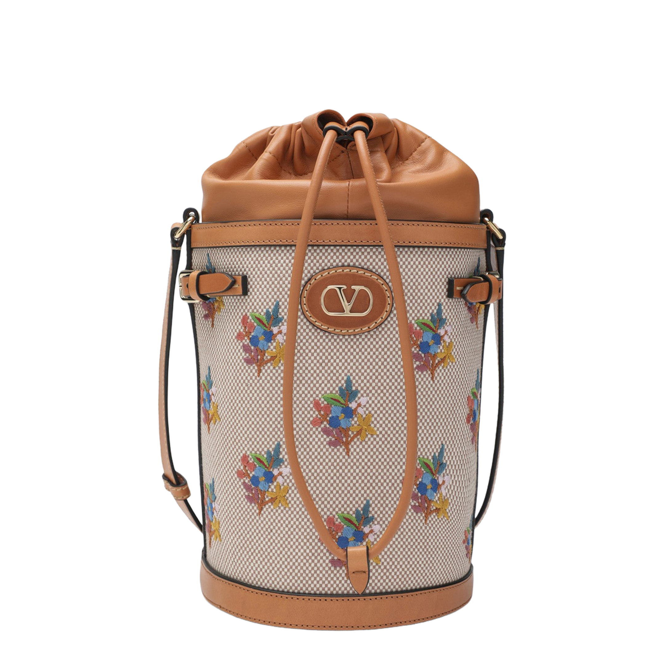 Canvas Bucket Bag with Floral Embroidery - Image 1