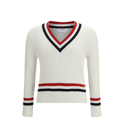 Intarsia Cable Knit V Neck Sweater - Image 1