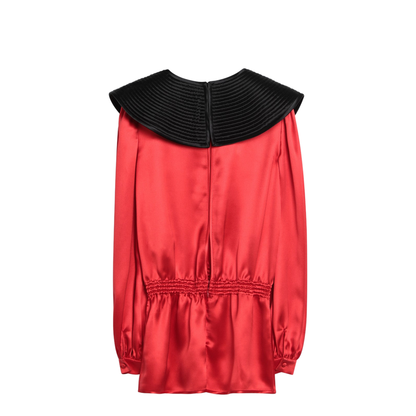 Red Silk Blouse with Black Collar - Image 2