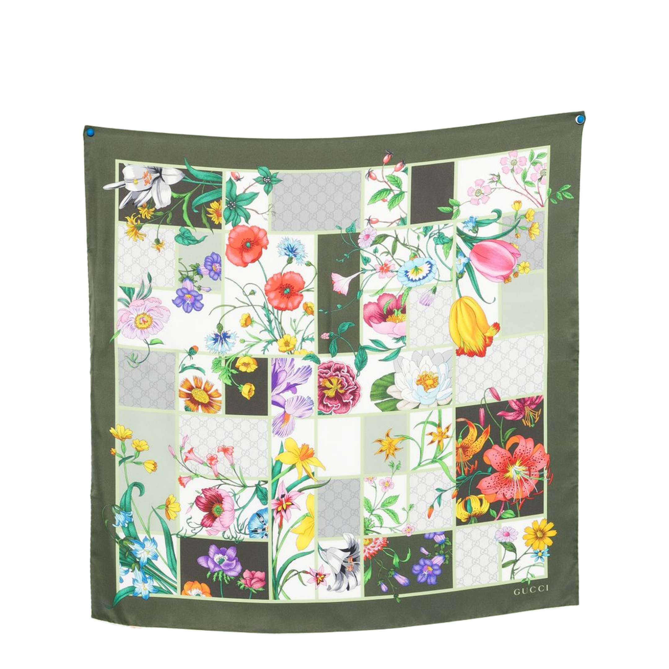 Green Silk Twill Scarf with Flora Print - Image 1