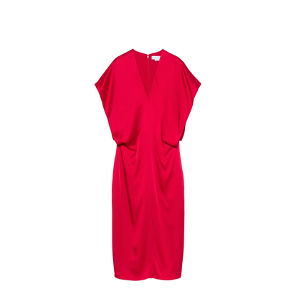 Satin V-necked Midi Dress - Red - Image 1