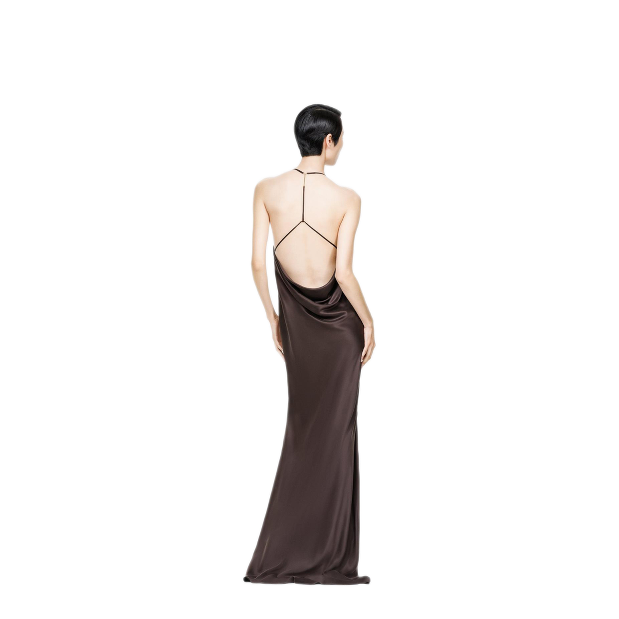 Peach-Feel Silk Satin Halterneck Evening Dress - Image 3