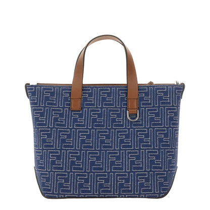 FF Leather Denim Effect FF Jacquard Blue And Brown Small Shopping Bag - Image 3