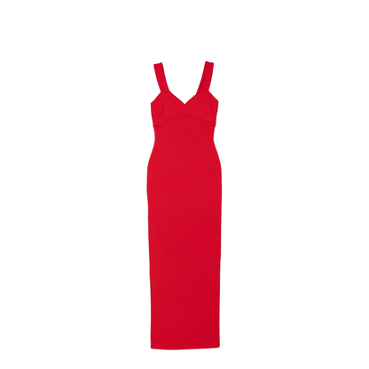 Red Sleeveless Design V-Neckline Fitted Bodice Maxi Length Straight Skirt - Image 1