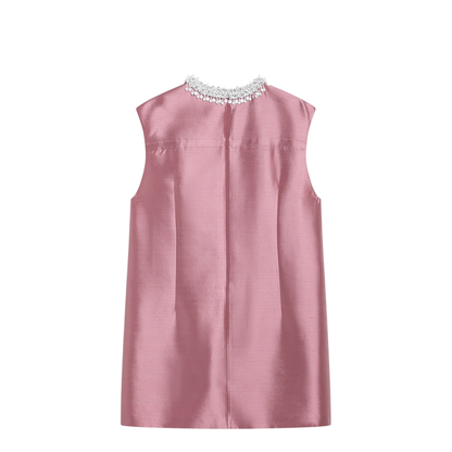 Short Wool and Silk Dress in Pink with Rhinestones - Image 2