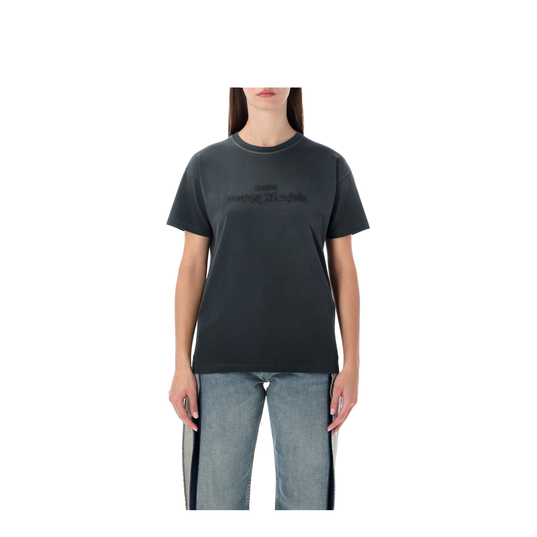 Black Washed-Out Cotton T-Shirt with Reverse Logo - Image 1