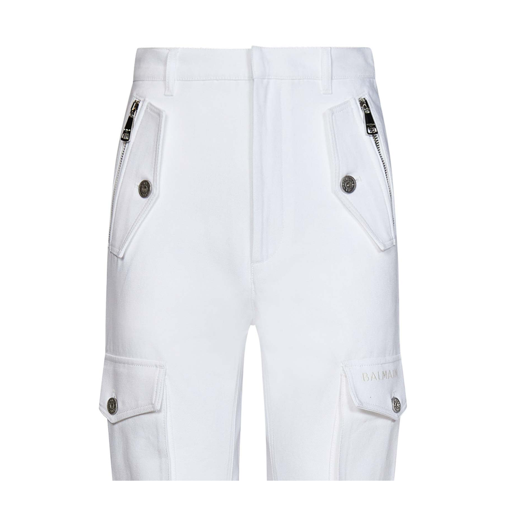 White Cargo Pants Silver Logo Plate - Image 3
