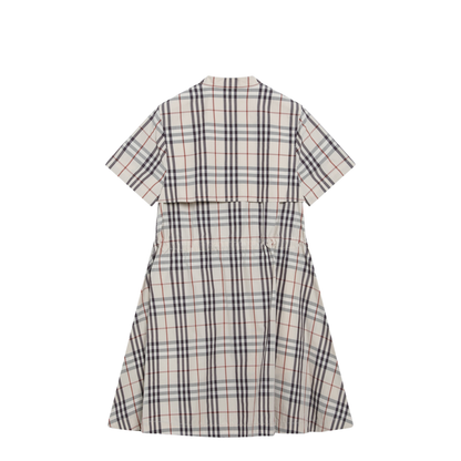 Beige Check Short-Sleeve Cotton Dress - Image 2