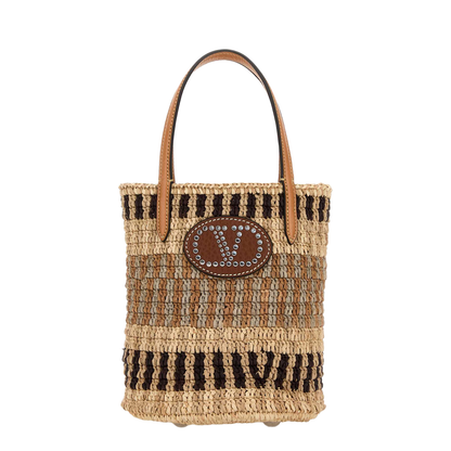 Embroidered Raffia Bucket Bag Beige - Image 1