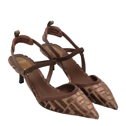 Brown FF Motif Jacquard Velvet Slingback Strap Pointed Toe - Image 2