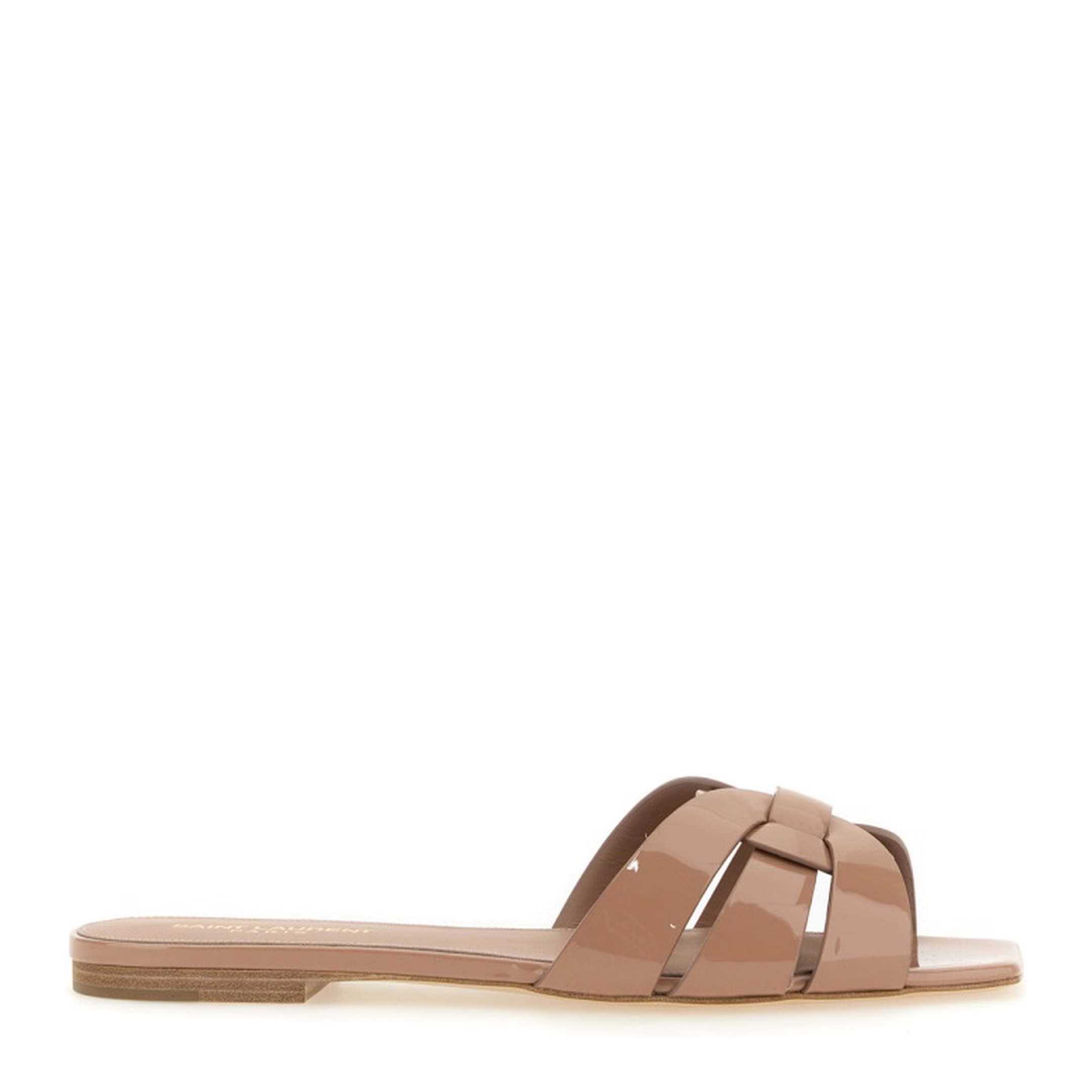 Powder Pink Leather Patent Finish Square Open Toe Multi-Way Strap Design Flat Sole Slip-On Style - Image 1
