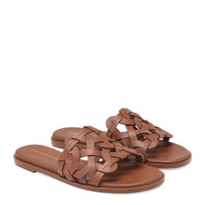 Chocolate Brown Calf Leather Stacked Heel Crossover Strap Round Open Toe - Image 2