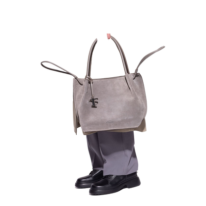 Grey Calf Suede Double Top-Handle Bag - Image 2