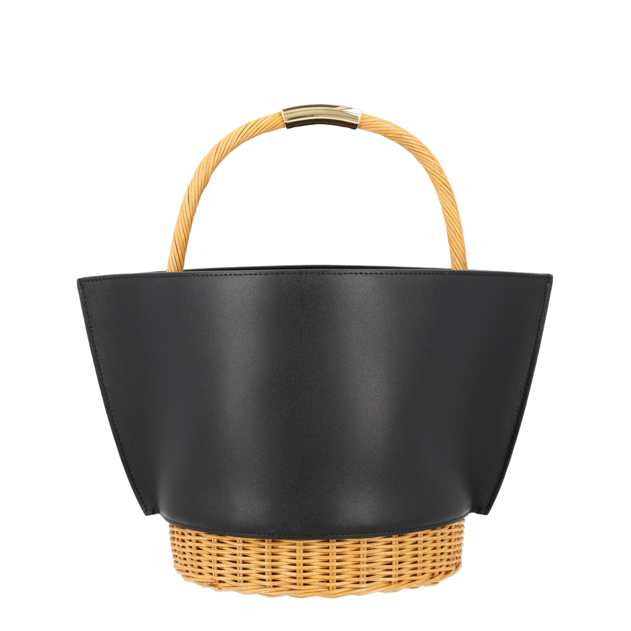 Leather Crossbody Bag With Raffia Details - Black - Image 2