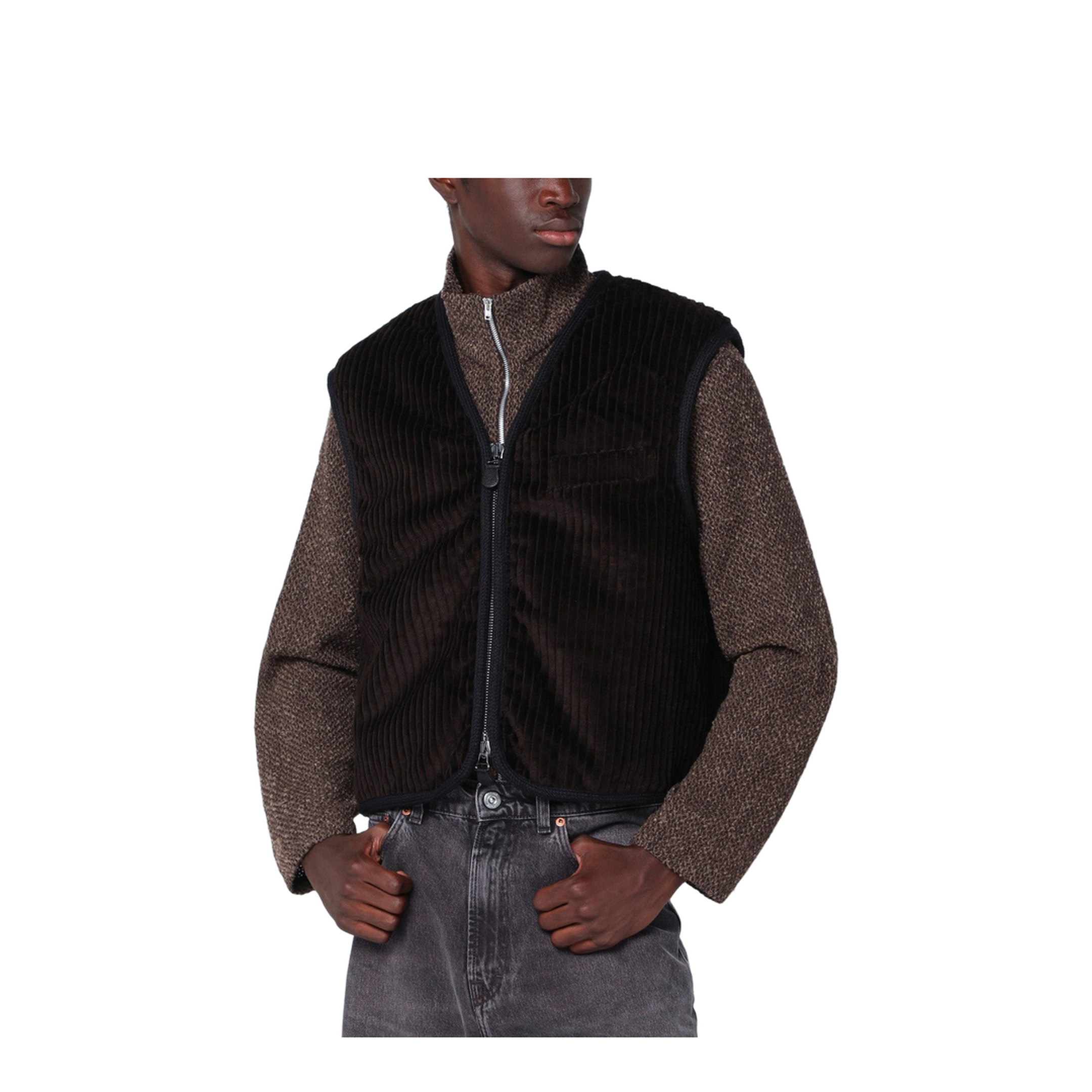 Brown Ribbed Velvet Zip-Up Waistcoat - Image 1