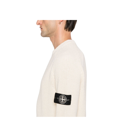 Beige Ribbed Knit Crew Neck Long Sleeves Compass Badge Cotton - Image 2