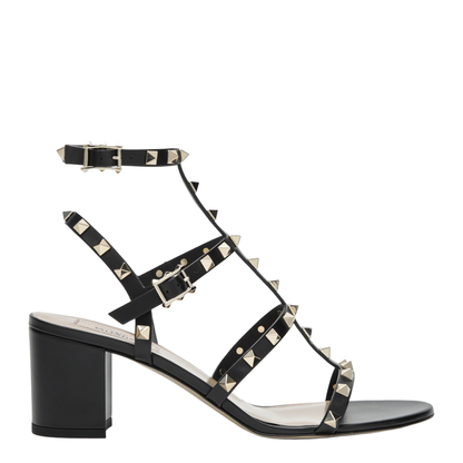 Rockstud Calfskin Leather Sandals with Studs in Black - Image 1