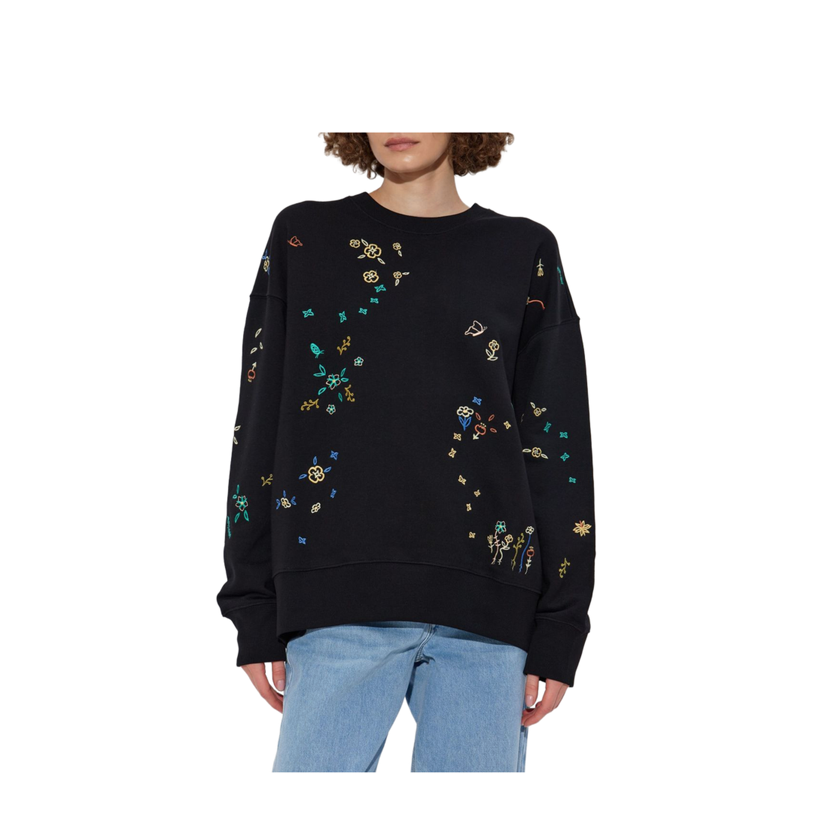 Black Multicoloured Floral Embroidery Crew Neck Long Sleeves Ribbed Cuffs and Hem Relaxed Fit - Image 3