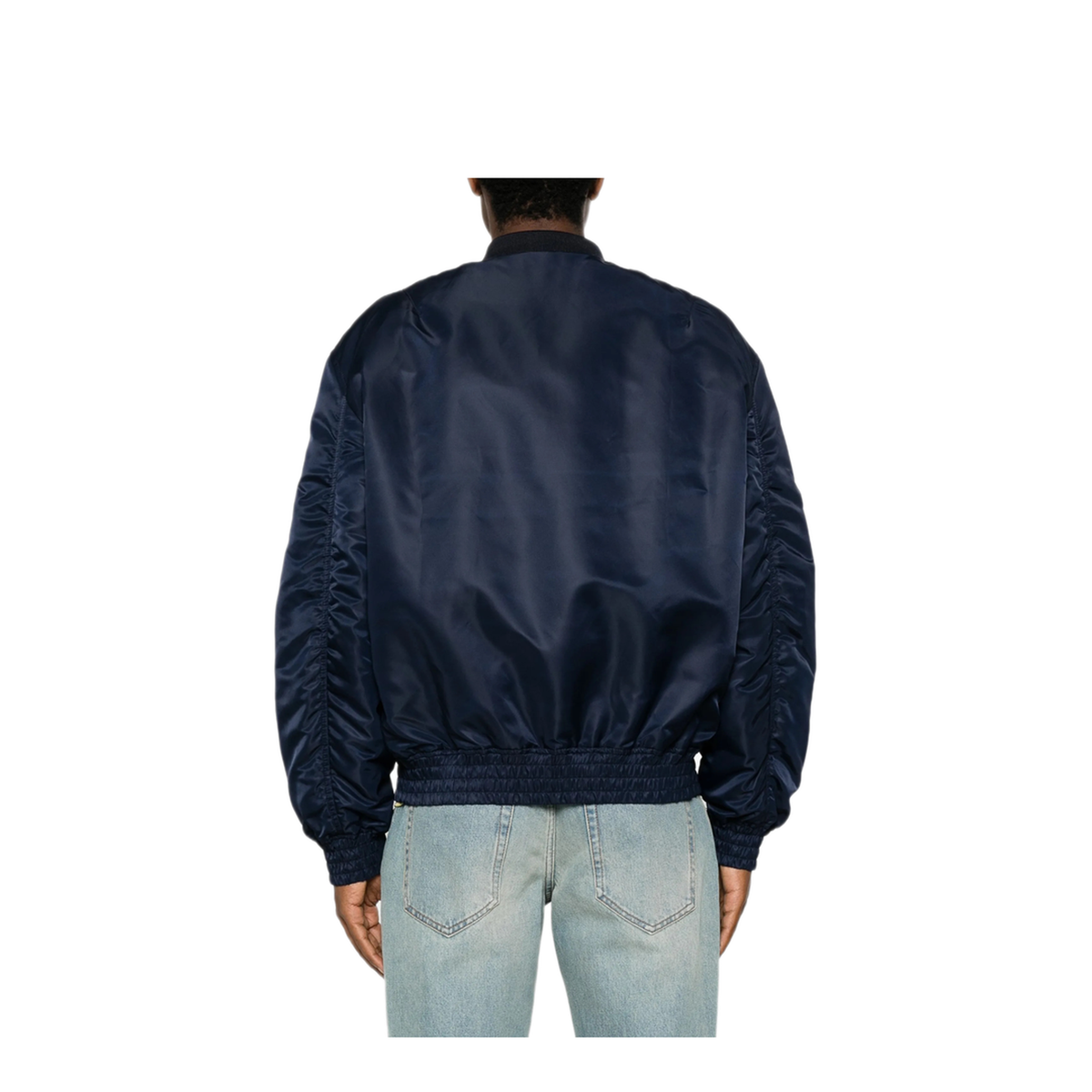 Shiny Navy Blue Zip-Up Bomber Jacket - Image 4