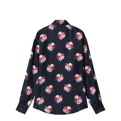 Dark Blue Satin Shirt with Floral Print - Image 2