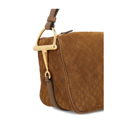 Half Horsebit Medium Suede Shoulder Bag - Brown - Image 3