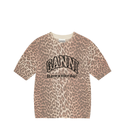 Beige Crew Neck Short Sleeves Leopard Print Ribbed Trim - Image 1