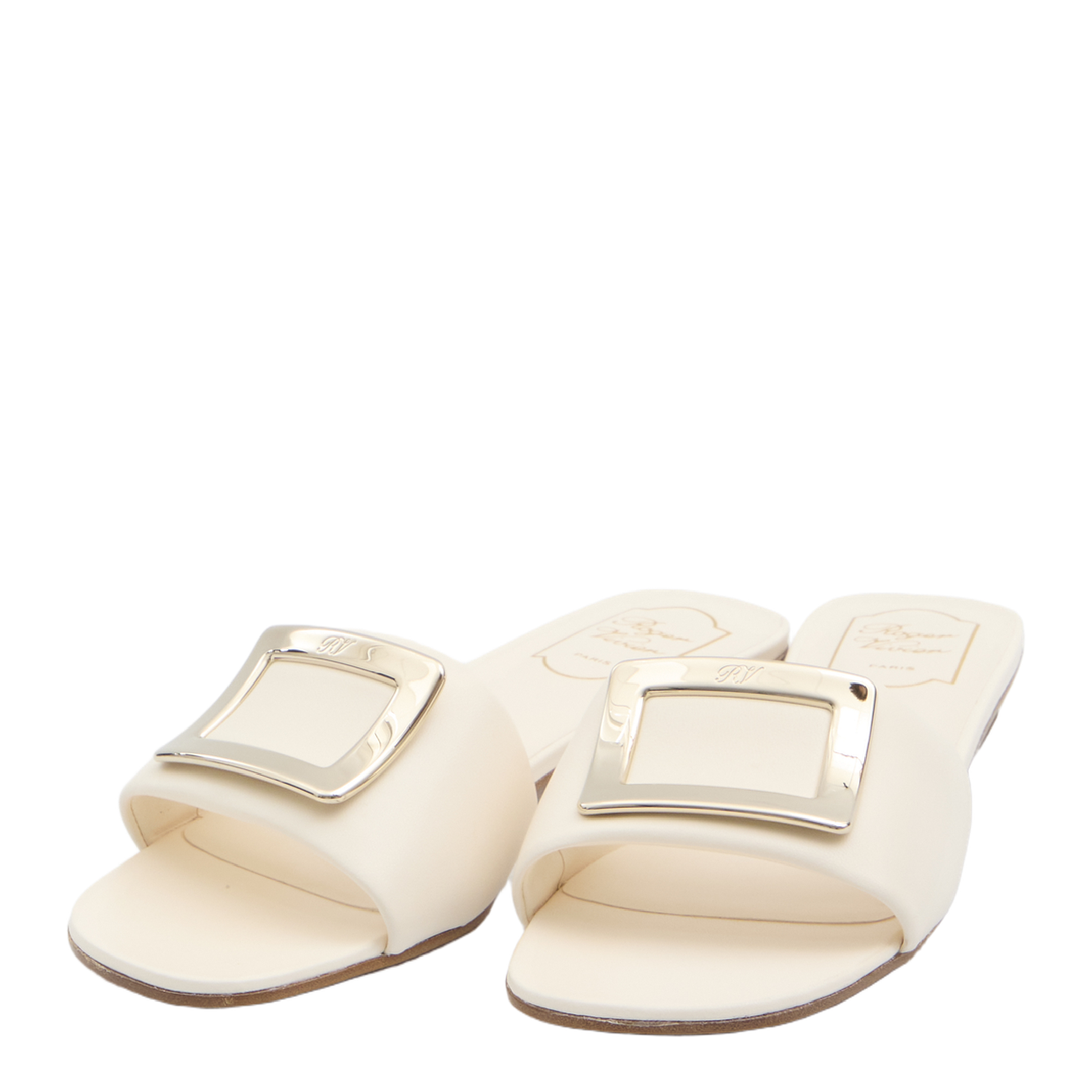 Square Buckle Leather Slides White - Image 2