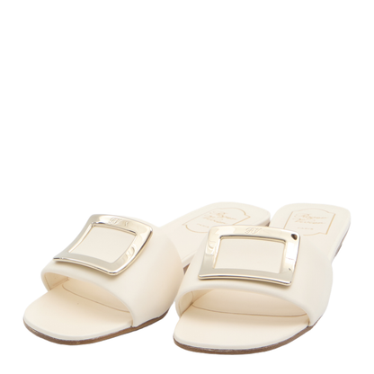 Square Buckle Leather Slides White - Image 2