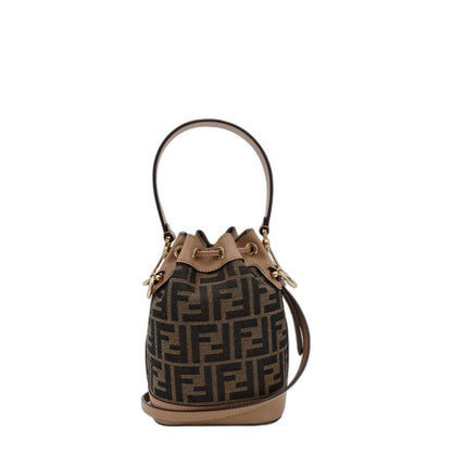 Brown Beige Canvas Leather Trim Drawstring Bag - Image 2